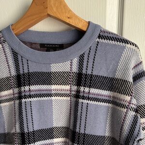 Tahari Women's Blue Plaid Crewneck Sweater